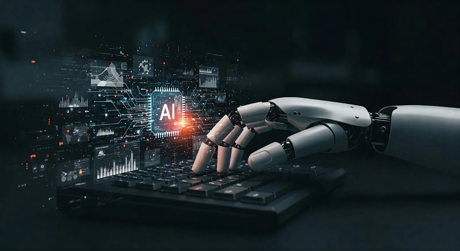 Robotic hand interacting with a computer, illustrating AI technology and search optimization.