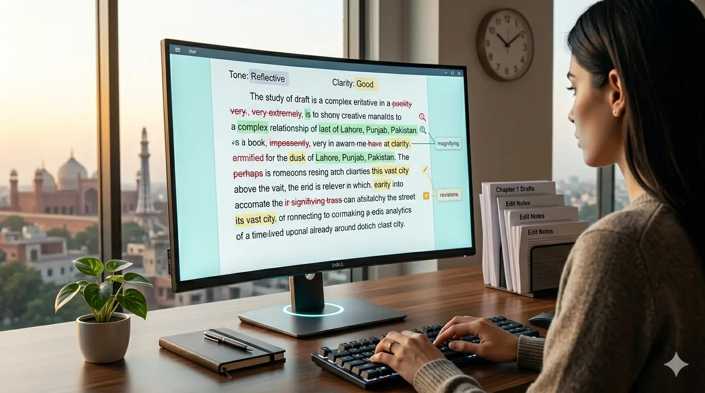 A person using writing and editing software on a monitor with text editing and revision features visible.