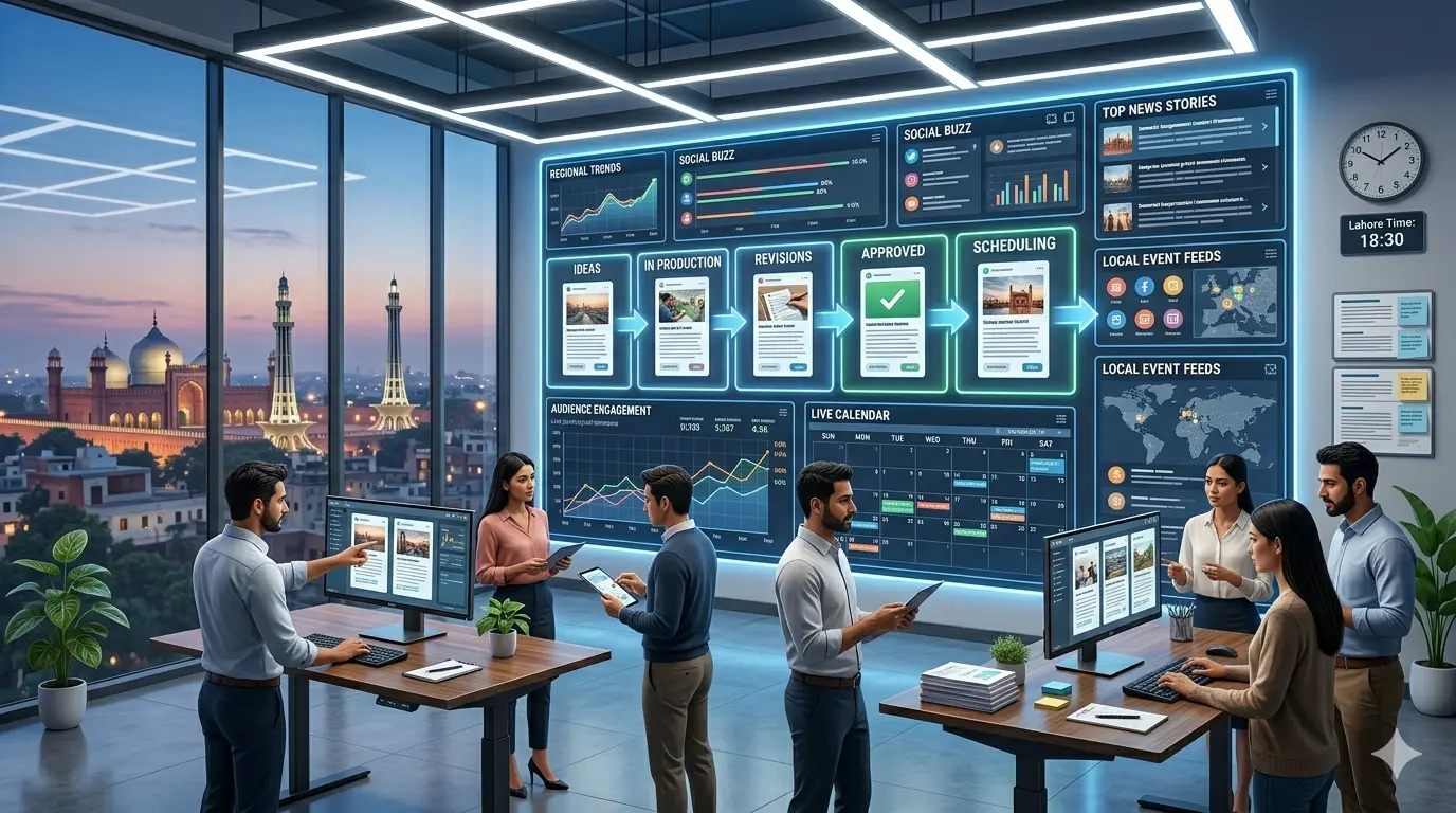 Team collaborating in a modern office with digital content editing screens