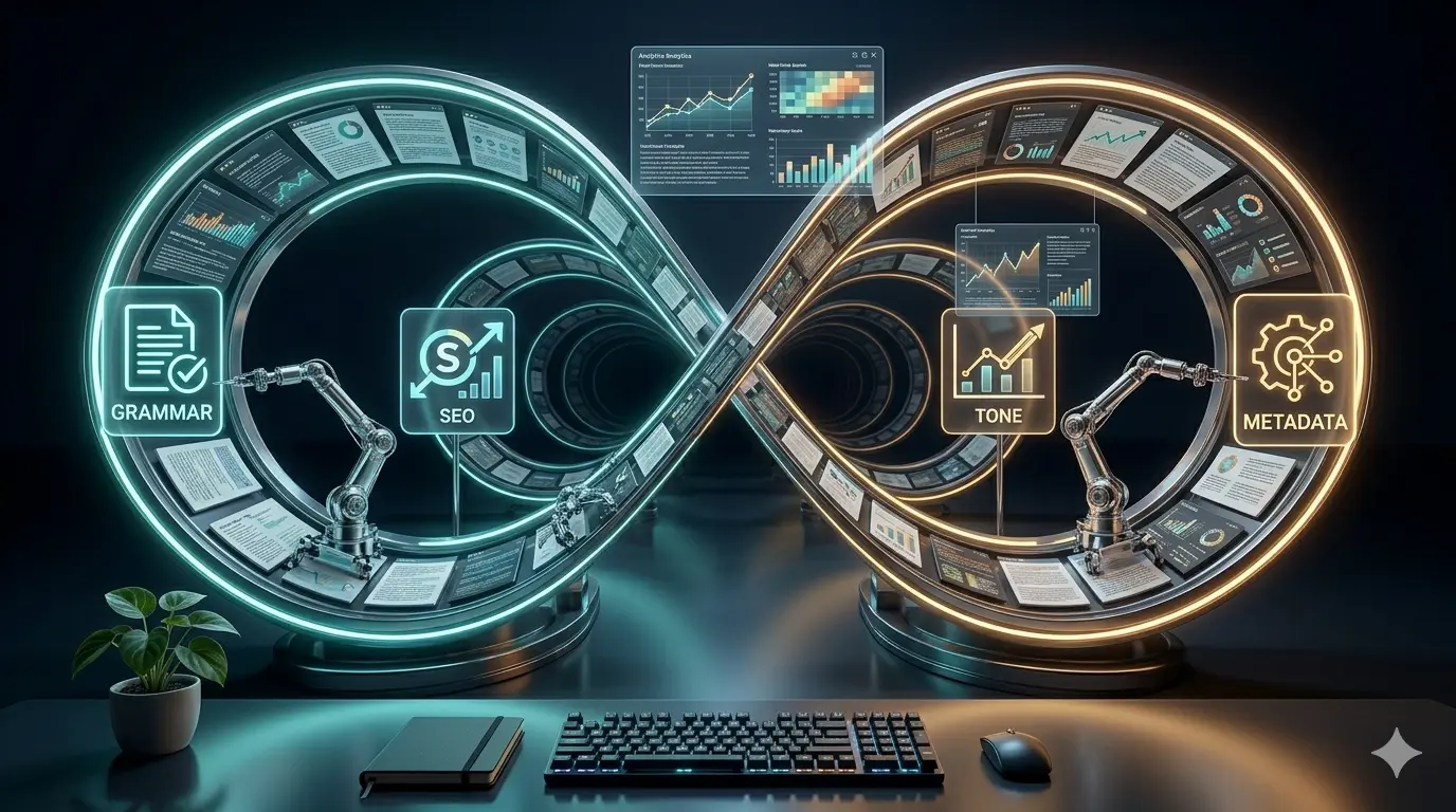 An AI-driven workflow showcasing grammar, SEO, tone, and metadata processes.