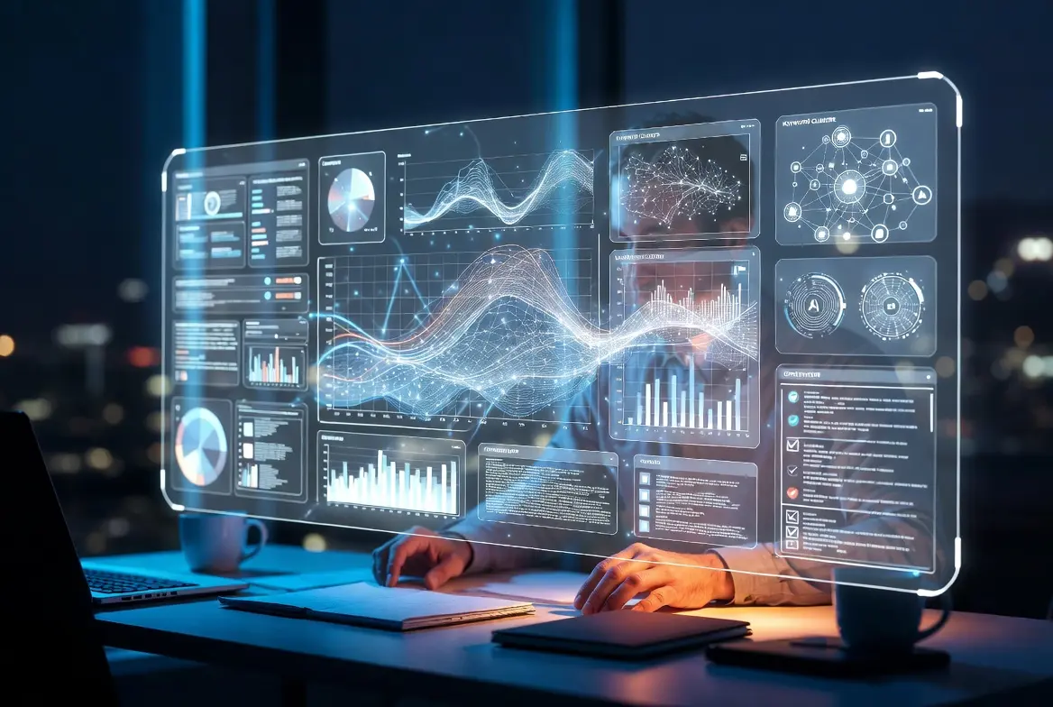Interactive dashboard displaying analytics for an AI-powered SEO platform.
