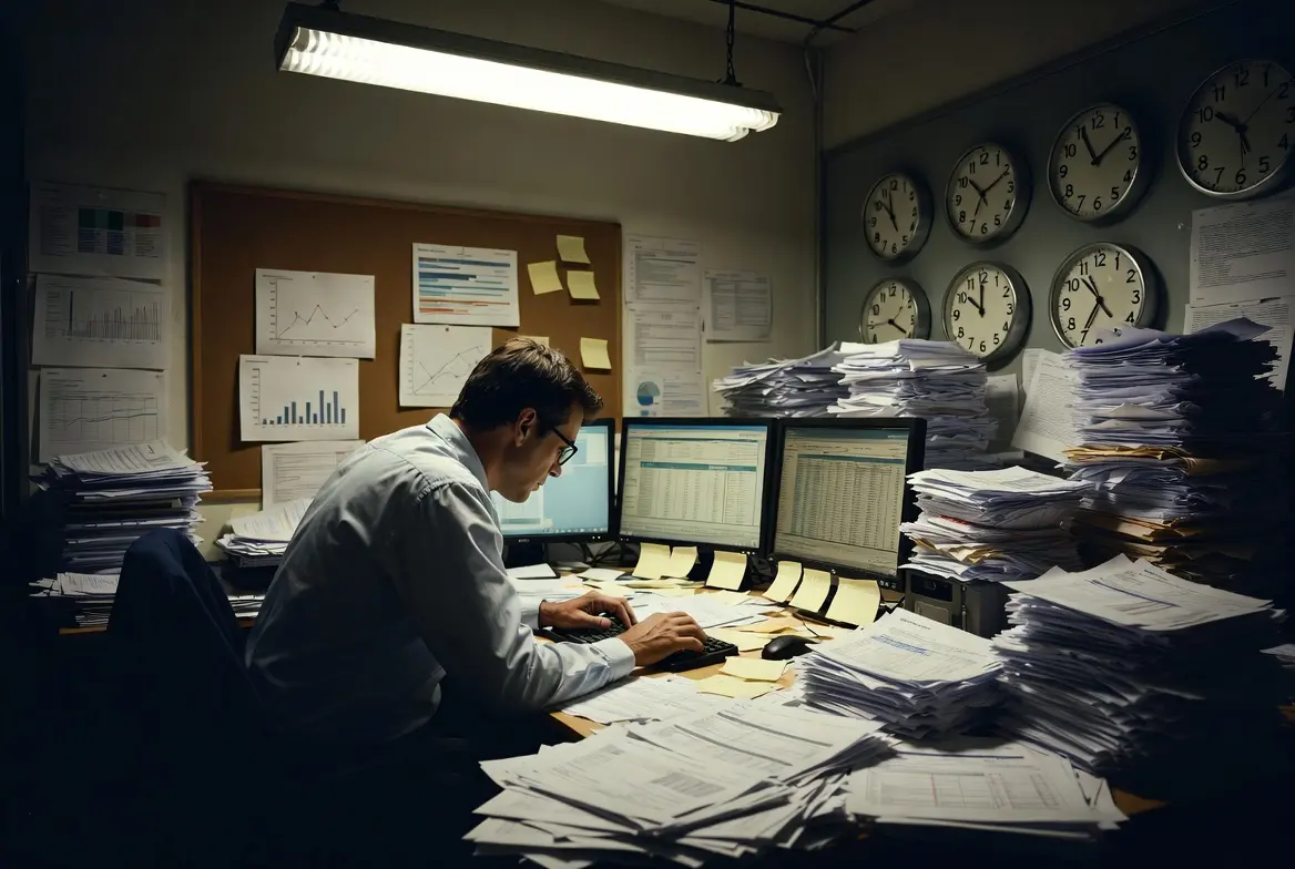 Man analyzing data at a desk with multiple monitors showcasing SEO metrics.