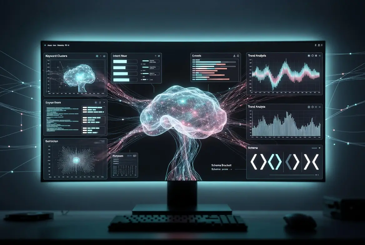 Dashboard displaying analytics for an AI-powered SEO platform.