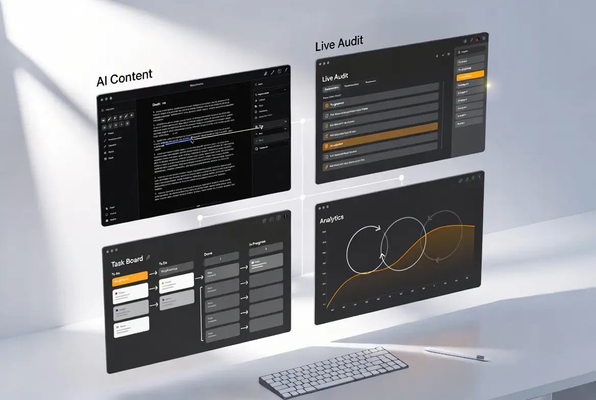 Dashboard showing AI-powered SEO platform features like live audits, task board, and analytics.