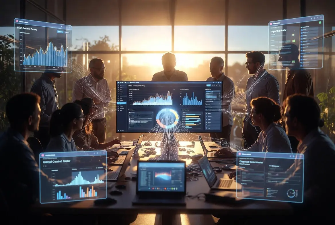 People collaborating around a table with AI-powered SEO platform screens displayed