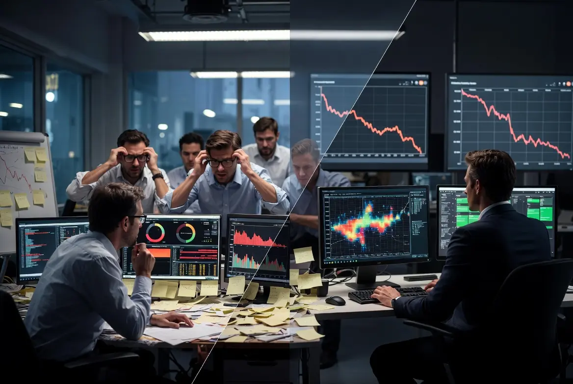 Team of data analysts at an AI marketing agency reviewing performance charts in a modern office