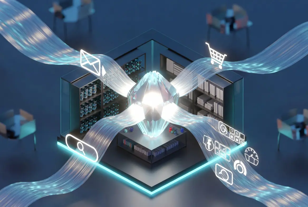 Abstract digital concept illustrating AI marketing agency operations through data streams and icons.