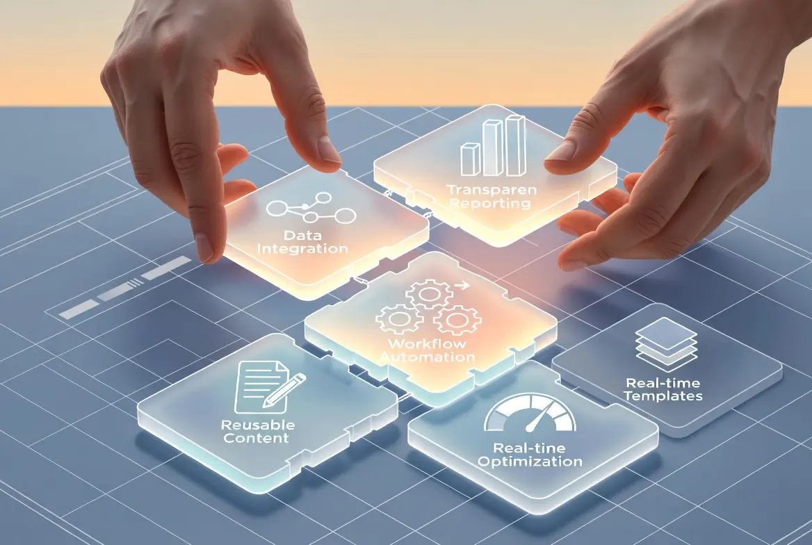 Visualization of AI marketing agency components like data integration and workflow automation.