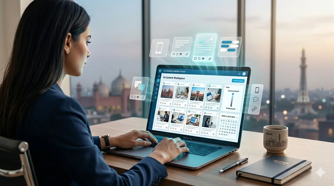 Person using AI content workspace to generate Facebook posts.