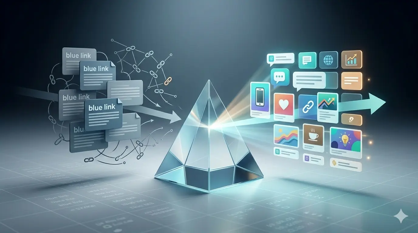 A diagram comparing traditional SEO with GEO, showing link structures and AI elements.