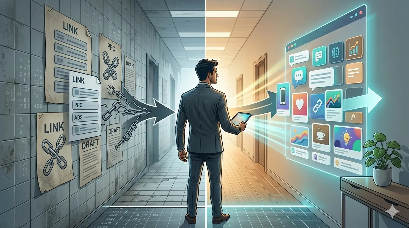 A diagram comparing traditional SEO with GEO, showing link structures and AI elements.