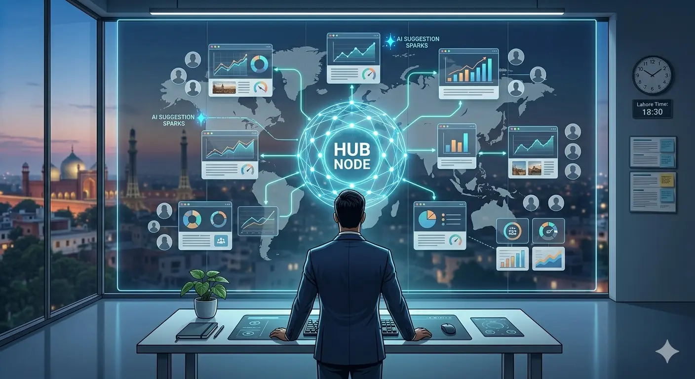 Person analyzing a digital dashboard with enterprise SEO tool metrics and reports.