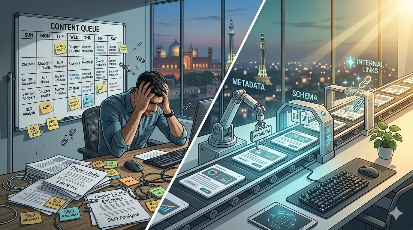Illustration comparing manual and automated workflows in enterprise SEO tools with a content queue and a metadata assembly line.