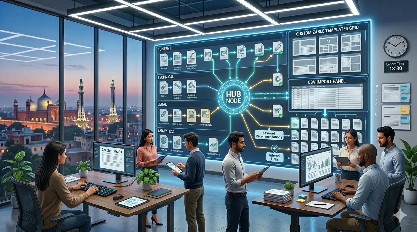 Team collaborating in an office with a digital enterprise SEO tool dashboard.