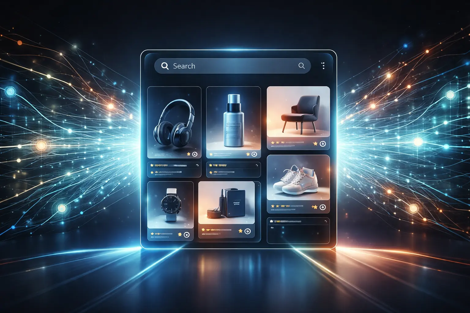 Digital display of an ecommerce product grid showcasing various items with AI-enhanced visuals.