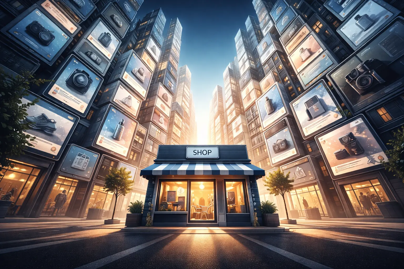 Digital storefront surrounded by towering digital displays in a cityscape, representing ecommerce SEO services.