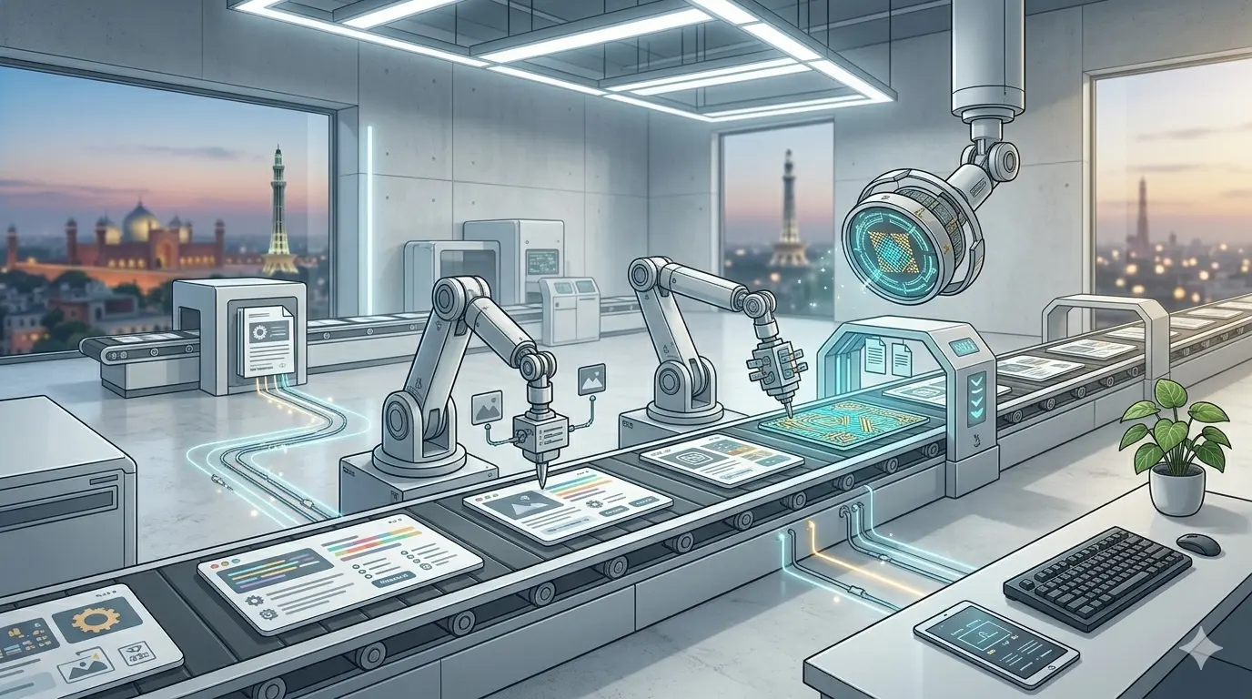 Robotic arms in a futuristic setting optimizing ecommerce SEO services using AI technology.