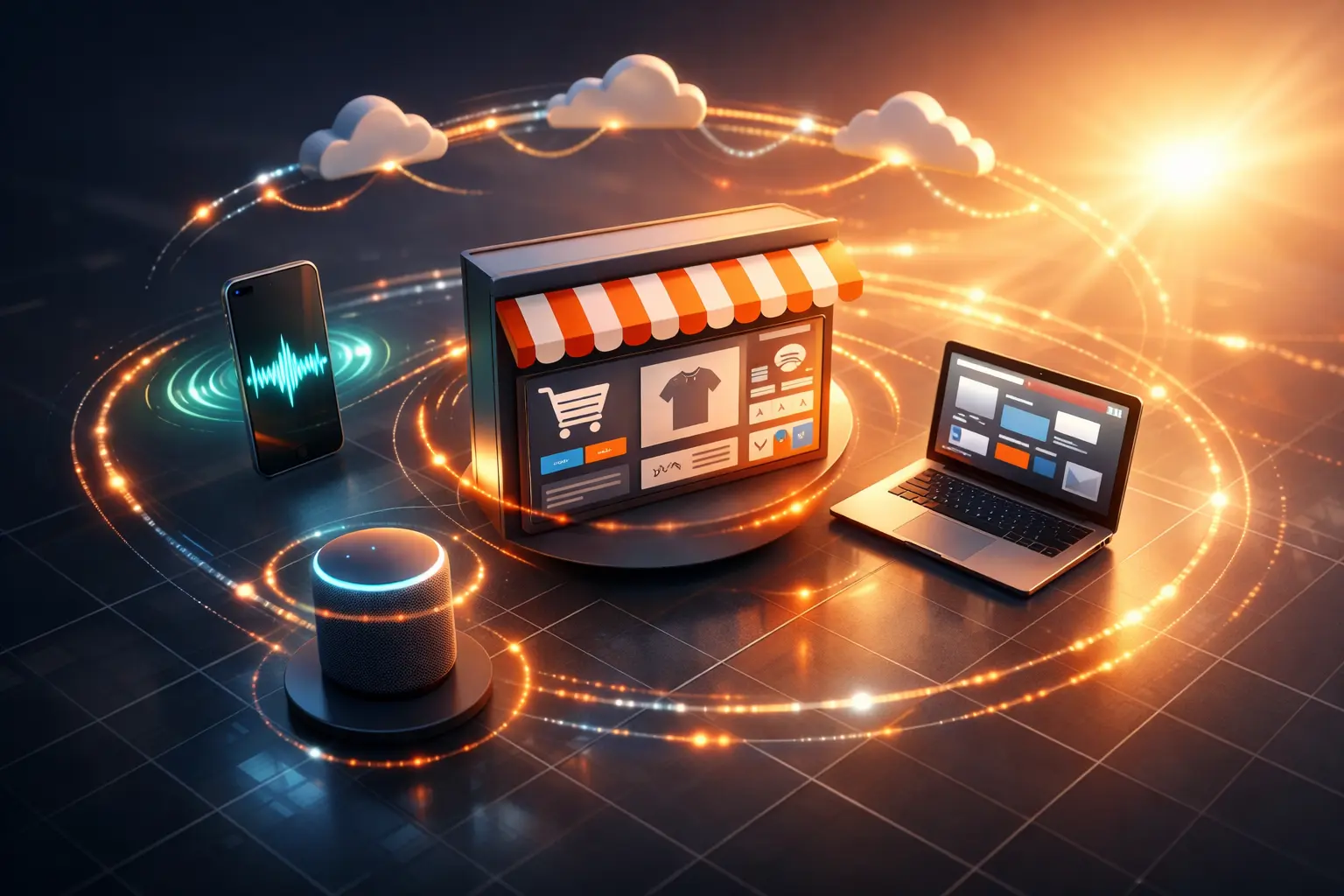 Digital representation of ecommerce SEO services with a laptop, phone, and smart speaker.