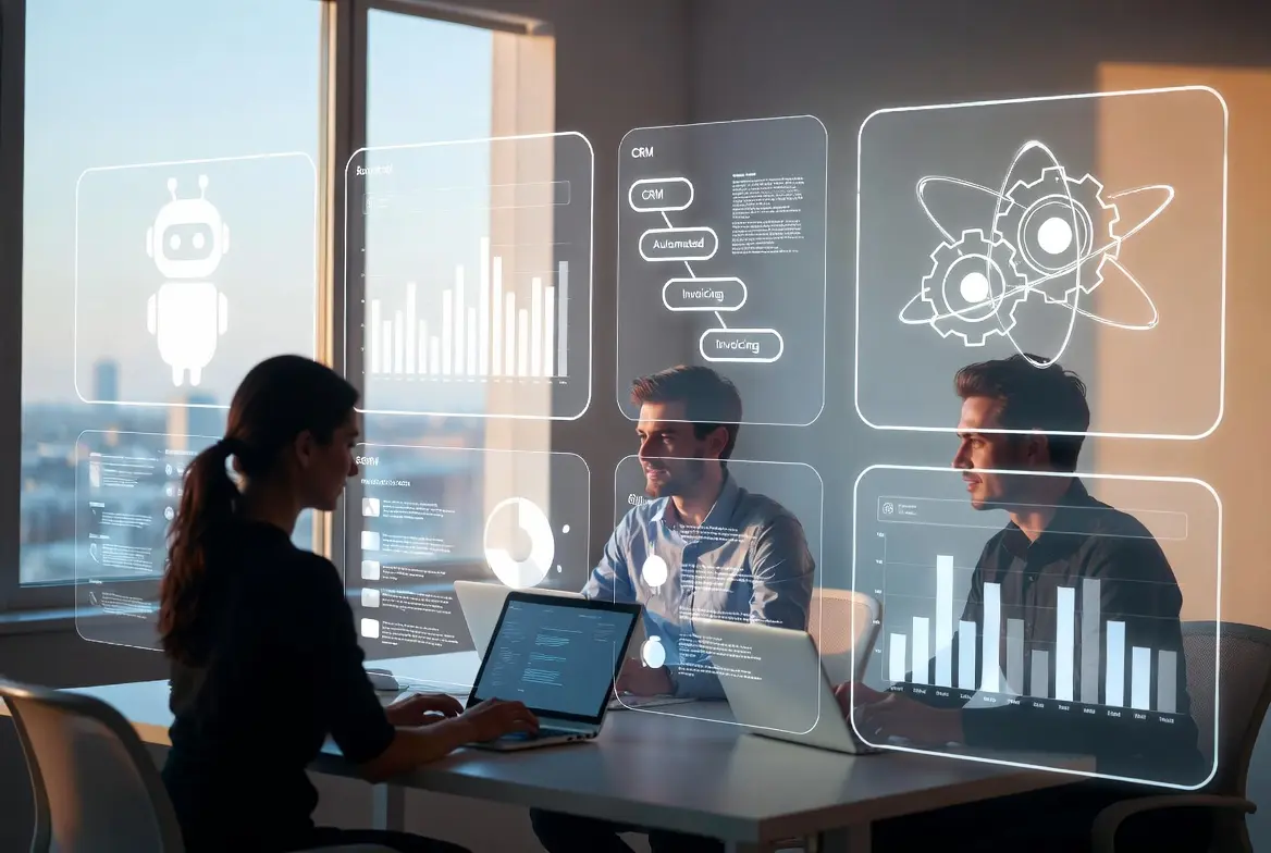 Business professionals discussing scalable AI tools for improving growth in a meeting room setting