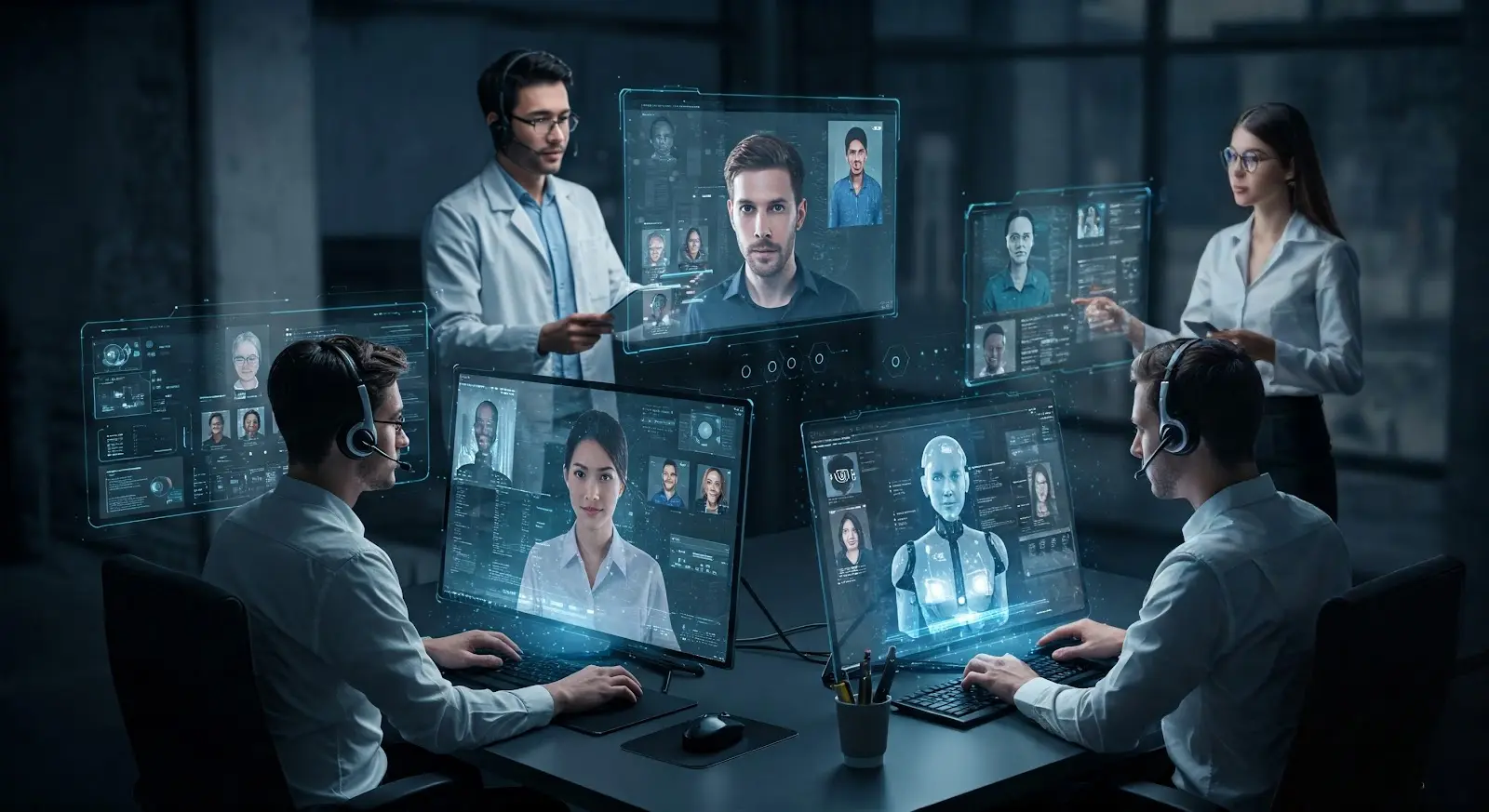 People using scalable AI tools in a modern office setting to enhance business operations.