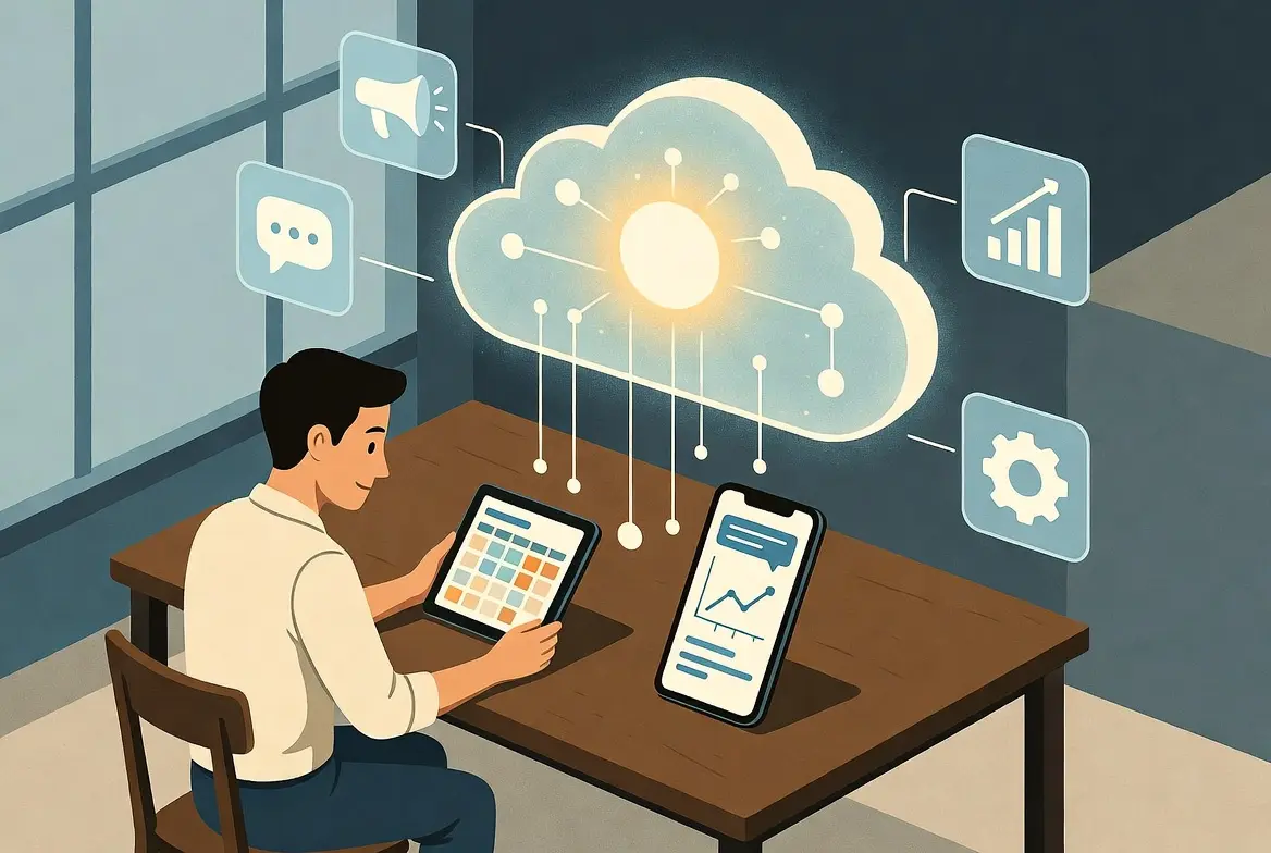 Man using digital devices to manage scalable AI tools showcasing a digital workflow.