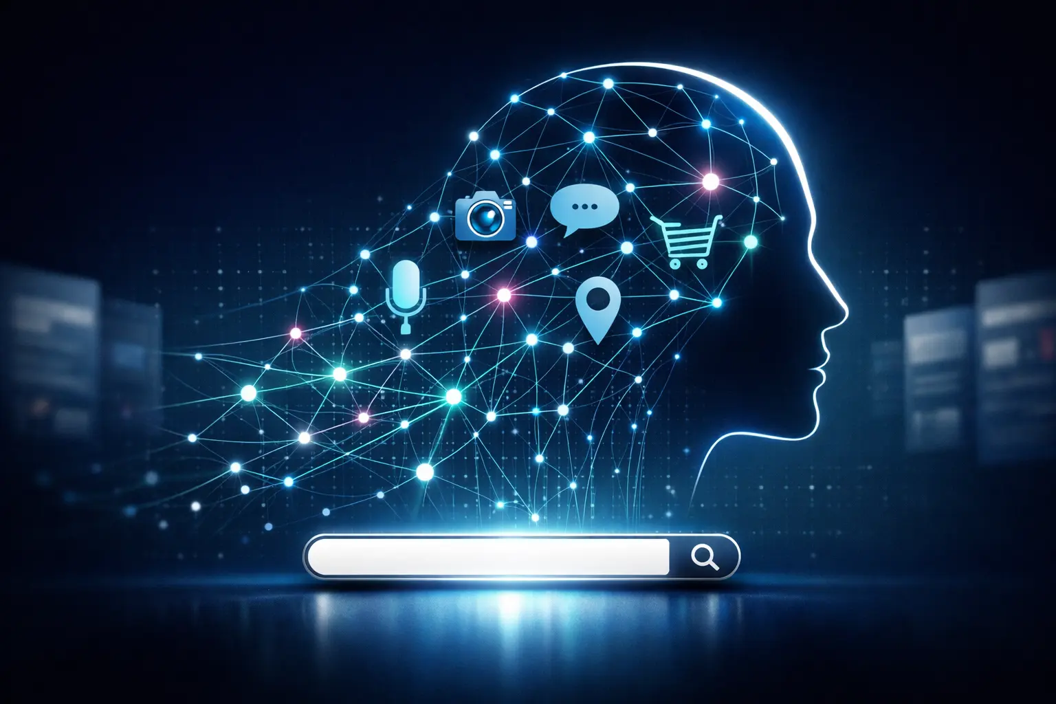 Digital representation of a human head with interconnected AI symbols, reflecting search intent analysis.