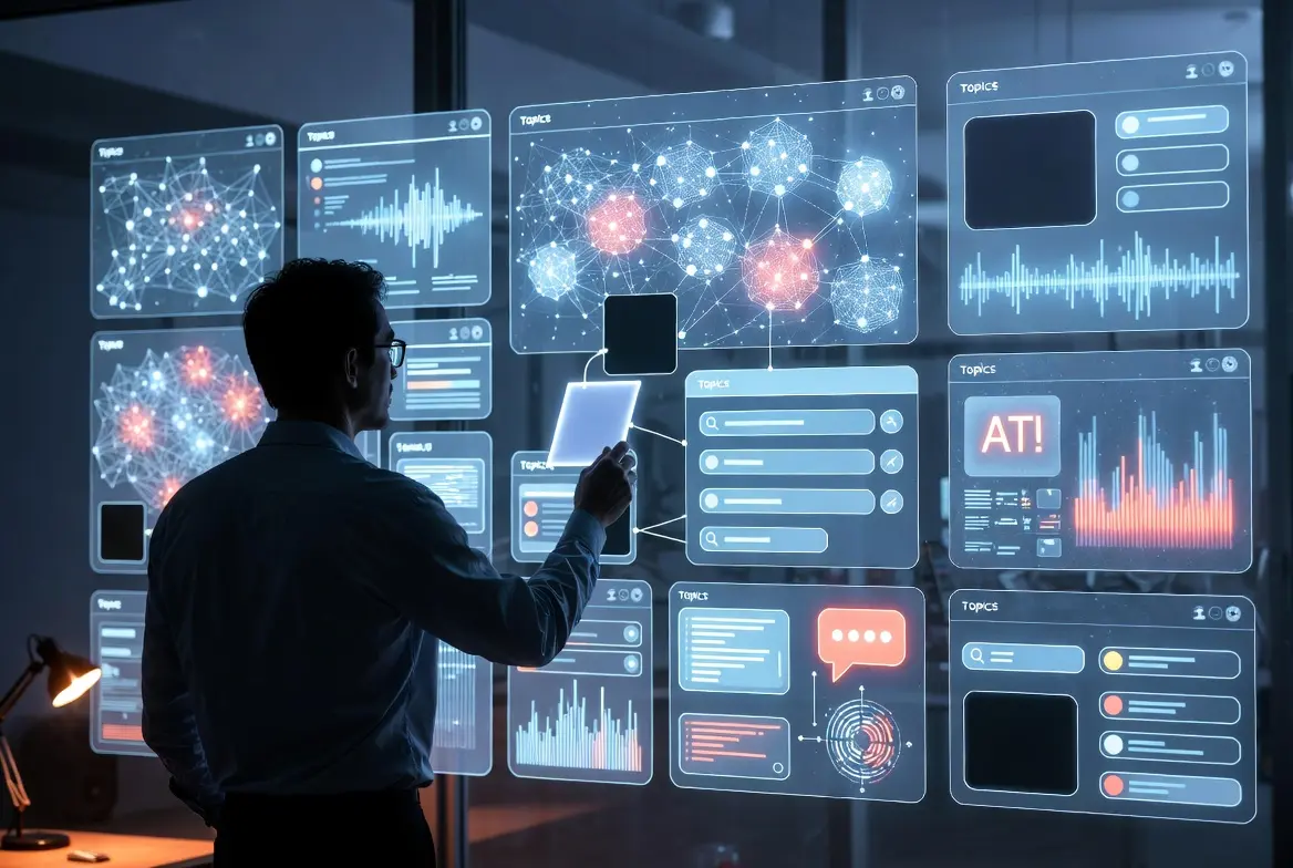 A person analyzing data on a digital dashboard highlighting content gap analysis strategies.