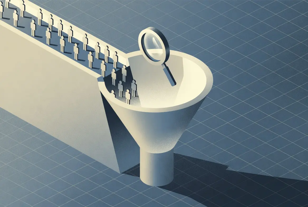 Illustration of a sales funnel with people entering, representing the concept of content gap analysis.