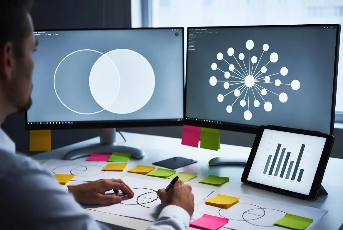 Person analyzing content gap strategies with venn diagram and network charts on screens.