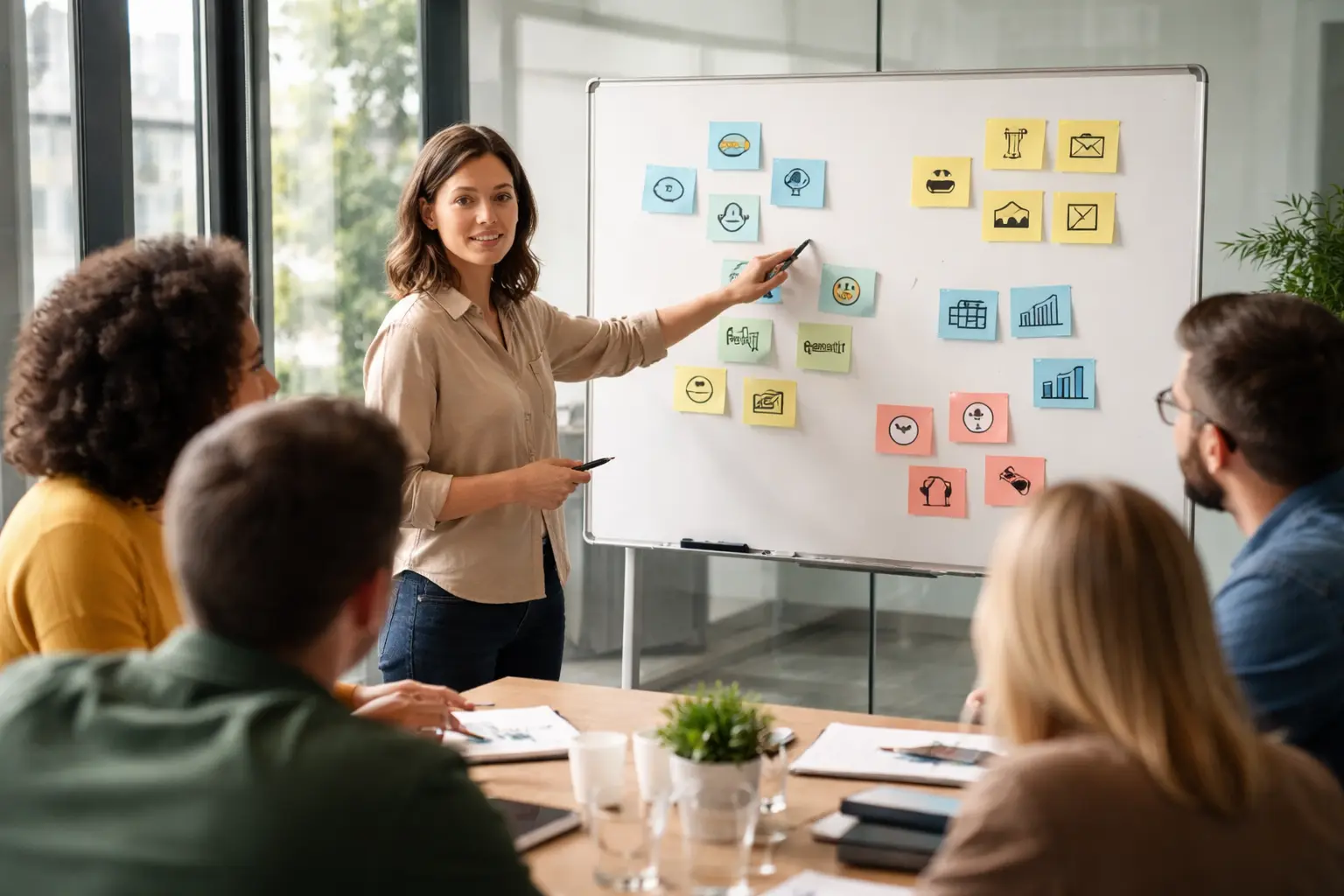 A team workshop discussing best social media monitoring tools using a whiteboard with icons.