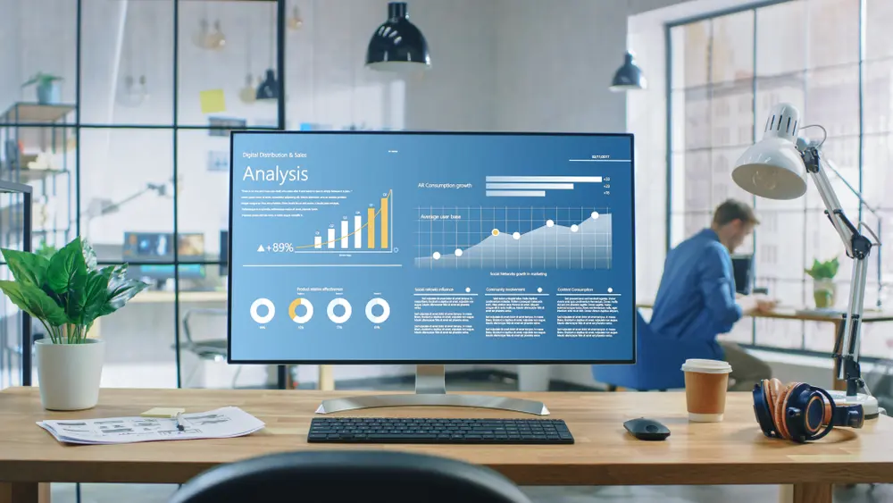 Computer screen displaying analytics data for social media monitoring tool effectiveness.