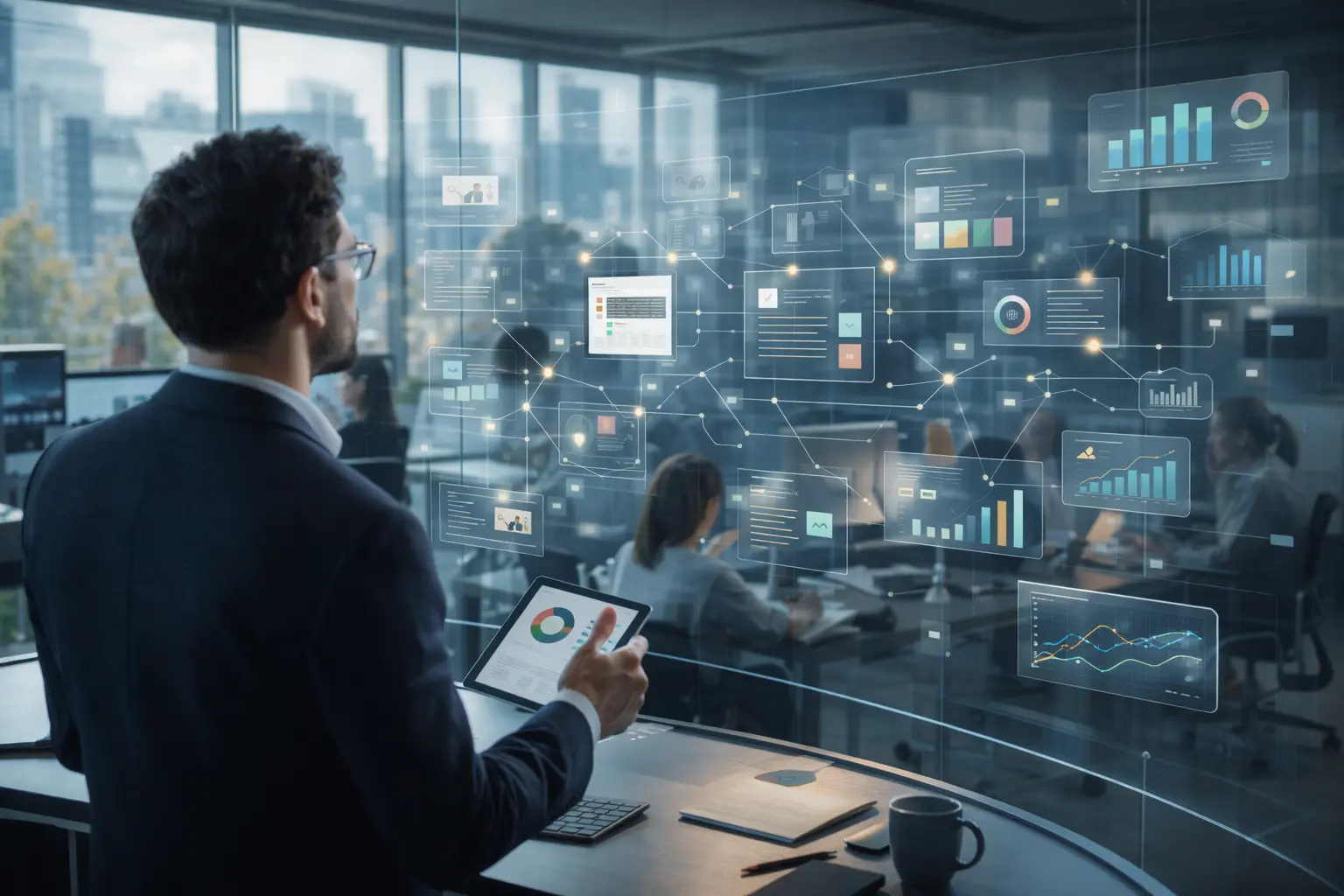 Visualization of analytics and AI tools in a modern office setting.