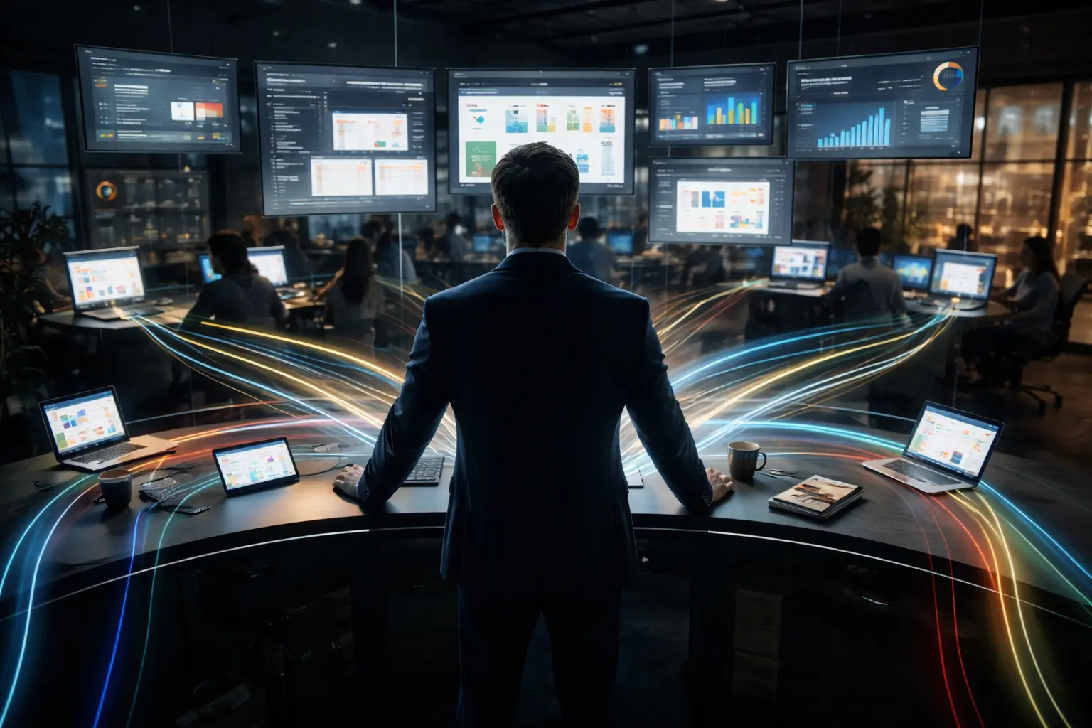 A professional using an AI-powered dashboard in an office setting.