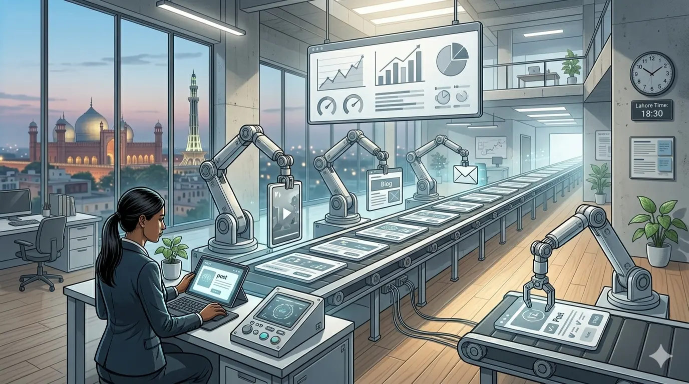 Woman using AI software on a tablet in an office with digital automation setup.