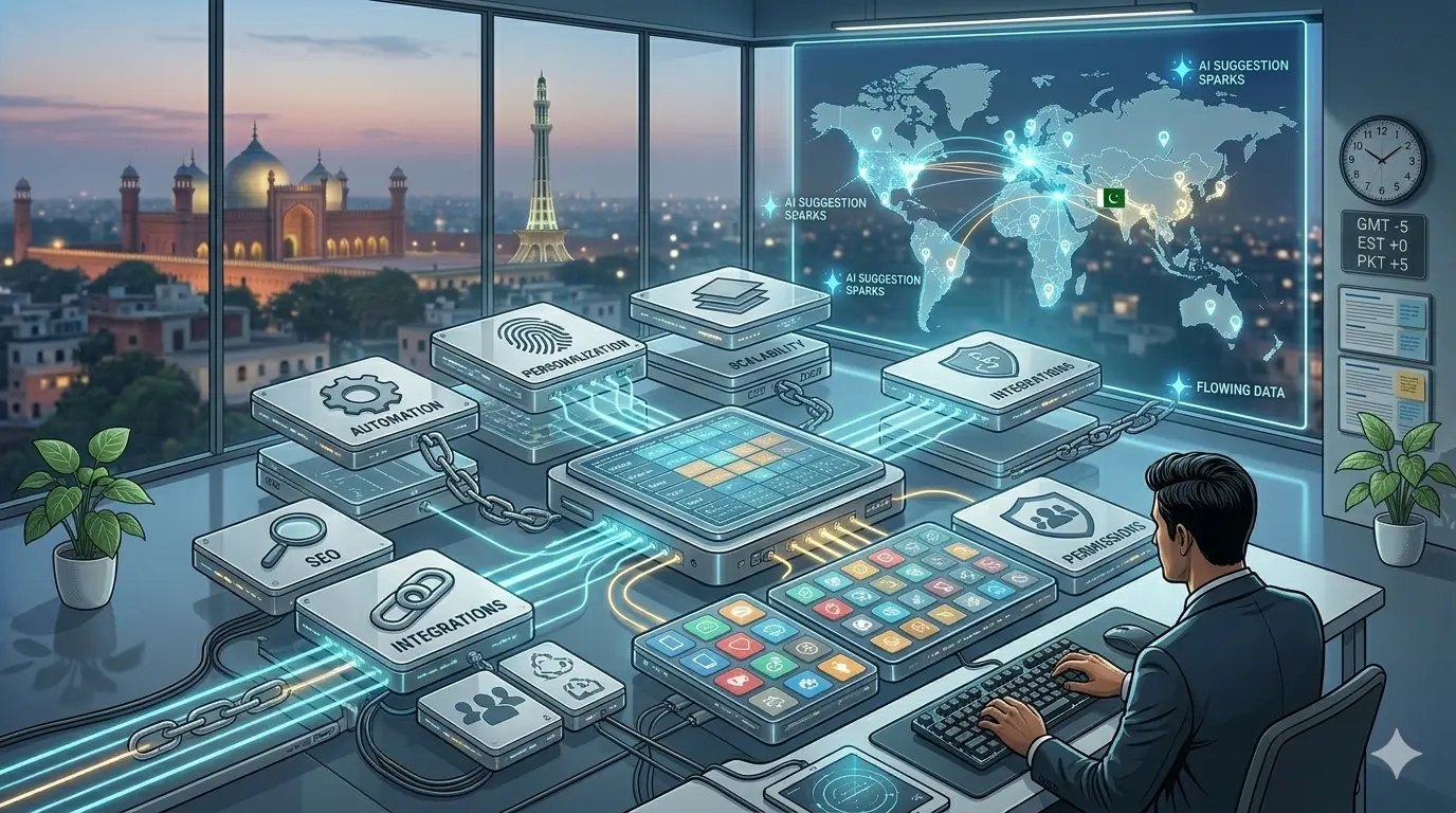 A digital dashboard displaying AI tool suite features such as automation and SEO in an office with city views.