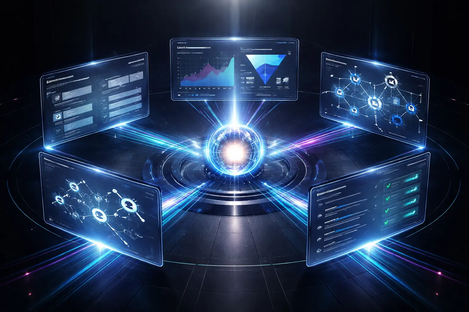 Digital interfaces display analytics in an AI-powered SEO platform dashboard.