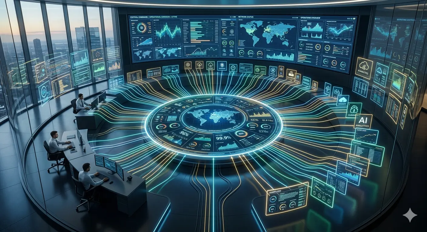 A high-tech control room displaying data analytics for an AI-powered SEO platform