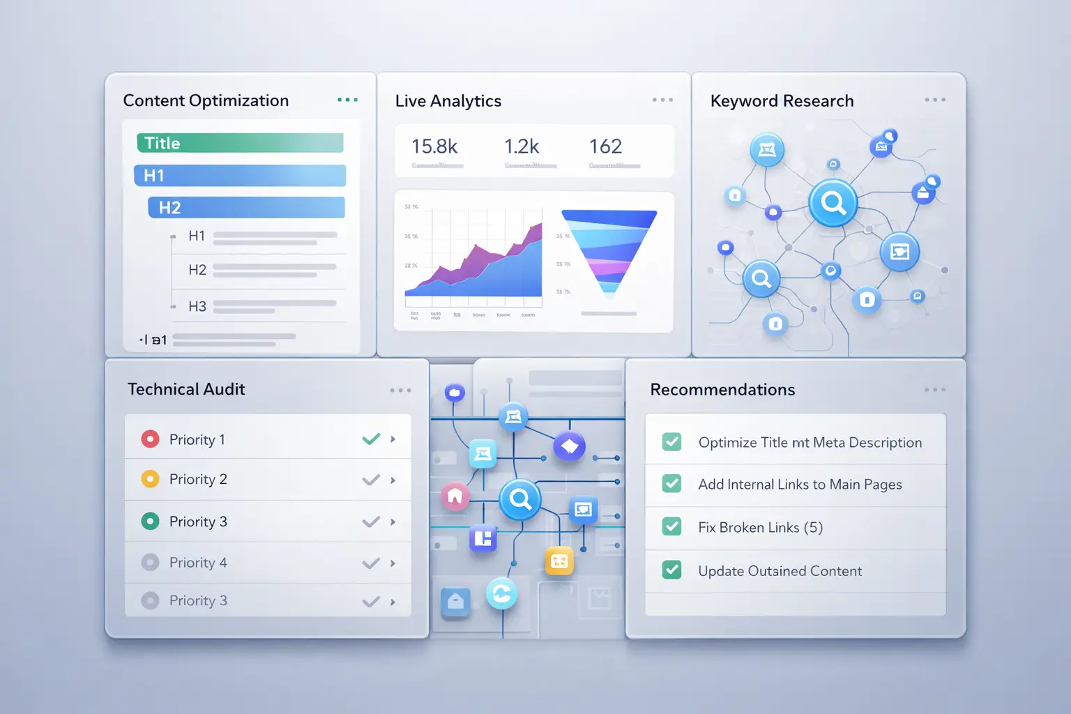 Dashboard interface showing content optimization, live analytics, keyword research, and technical audit features.