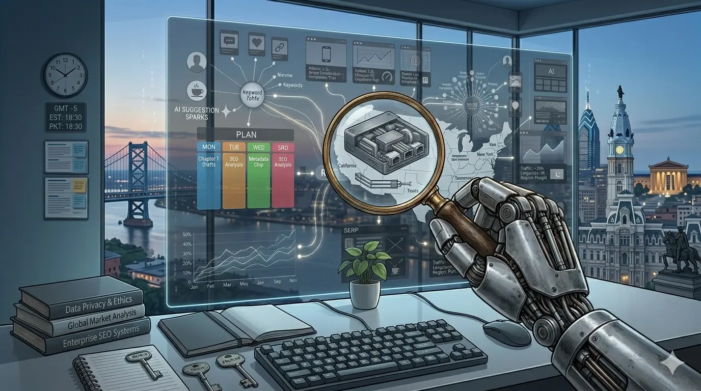 A robot hand using advanced AI tools for SEO analysis in a modern office setting.