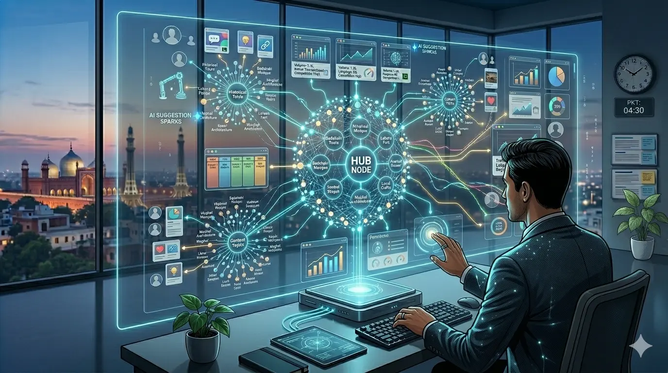 Interactive dashboard displaying AI-powered SEO tools with various data visualizations.