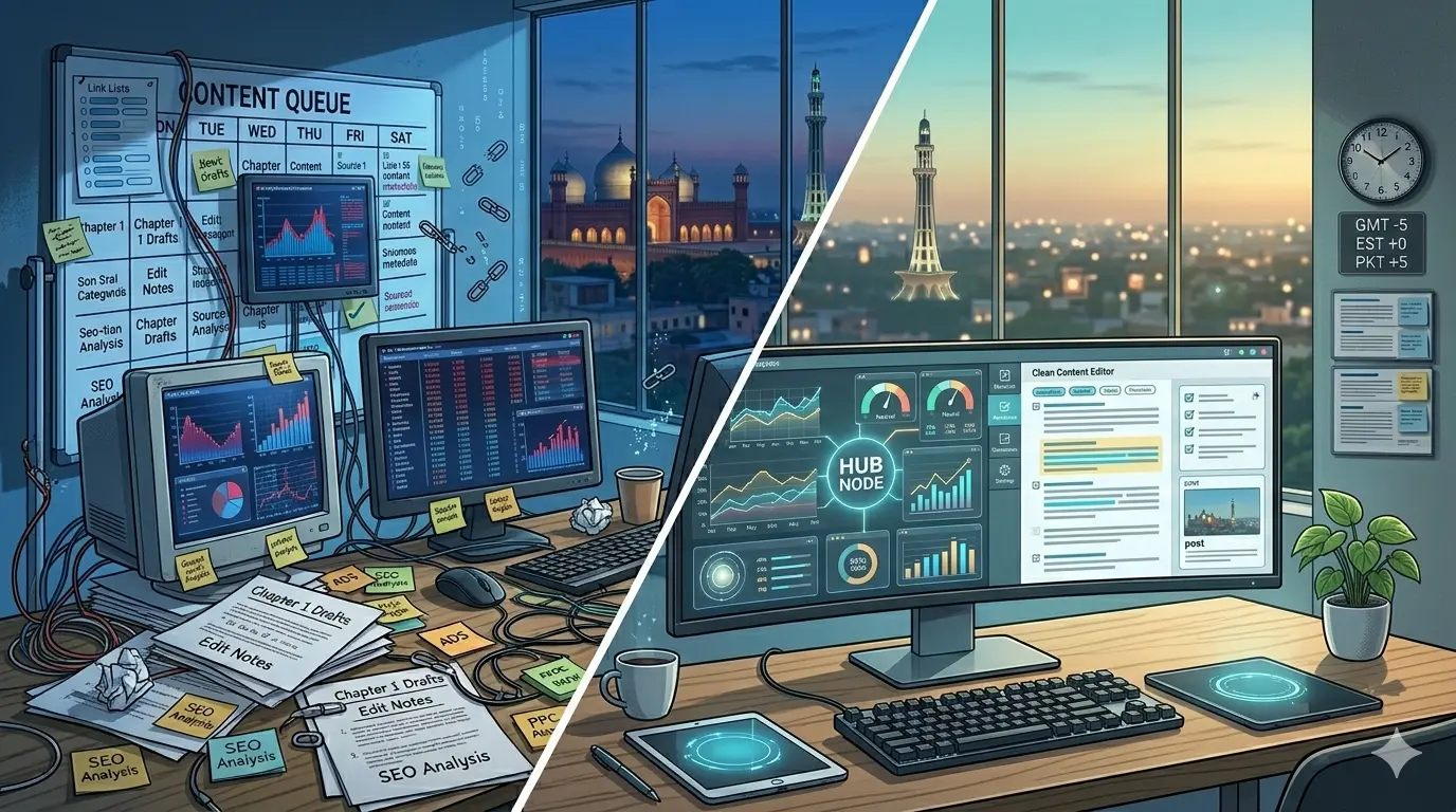 Dual computer setup showing SEO analytics and content strategy on screens