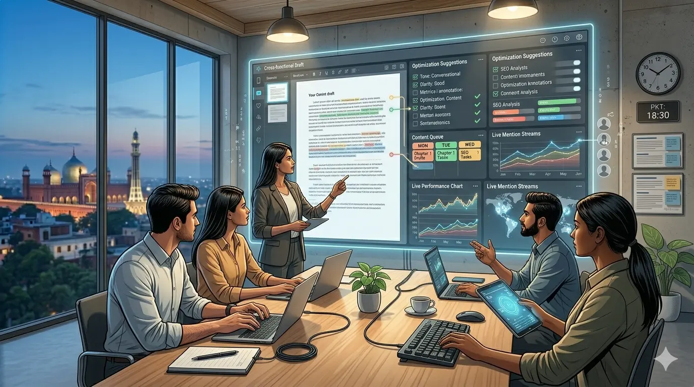 A team collaborates on a digital marketing strategy using AI-powered SEO tools.
