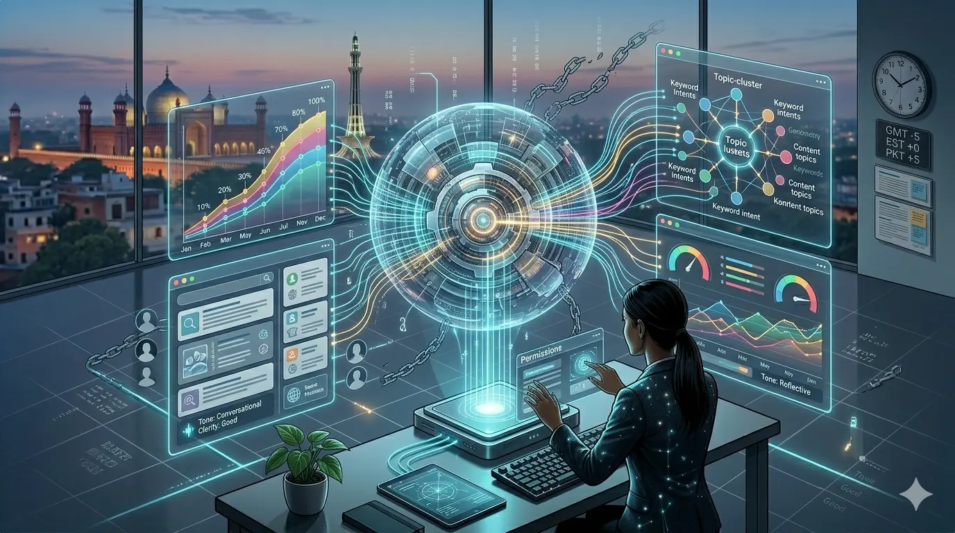 Digital dashboard displaying AI-powered SEO tools with various analytics.
