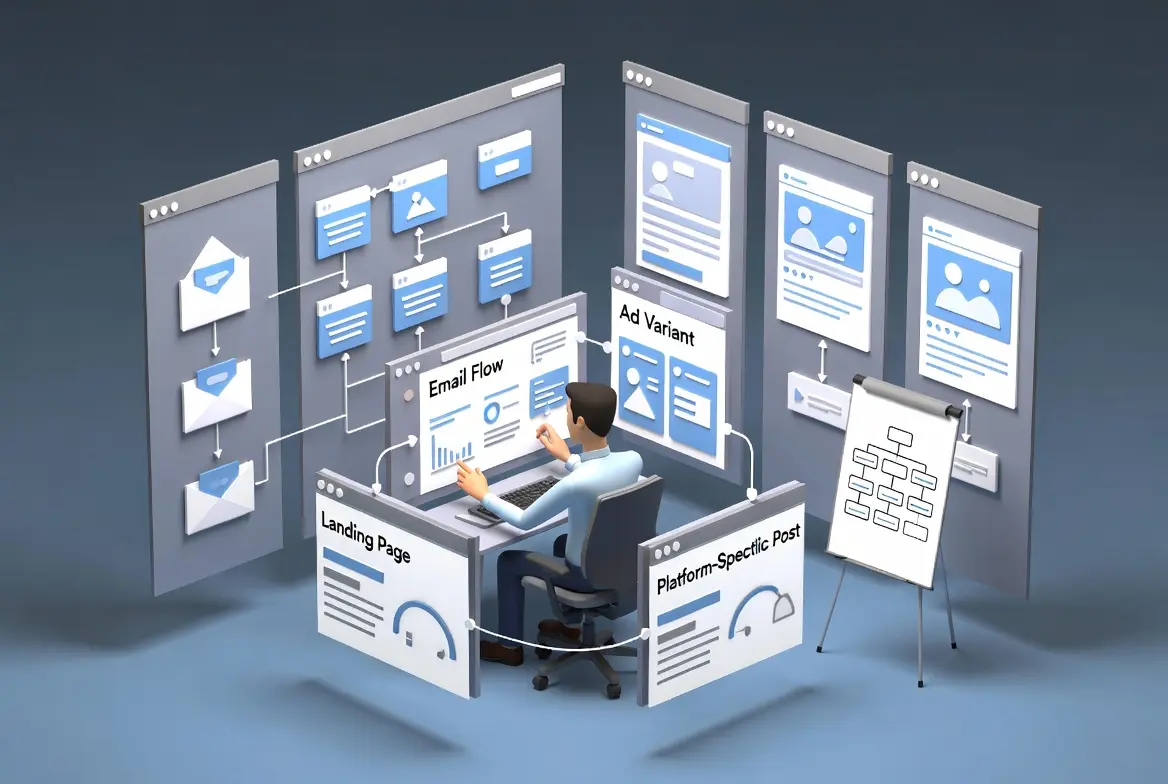 Illustration of a person using an AI-powered marketing dashboard for email flow and ad variants.