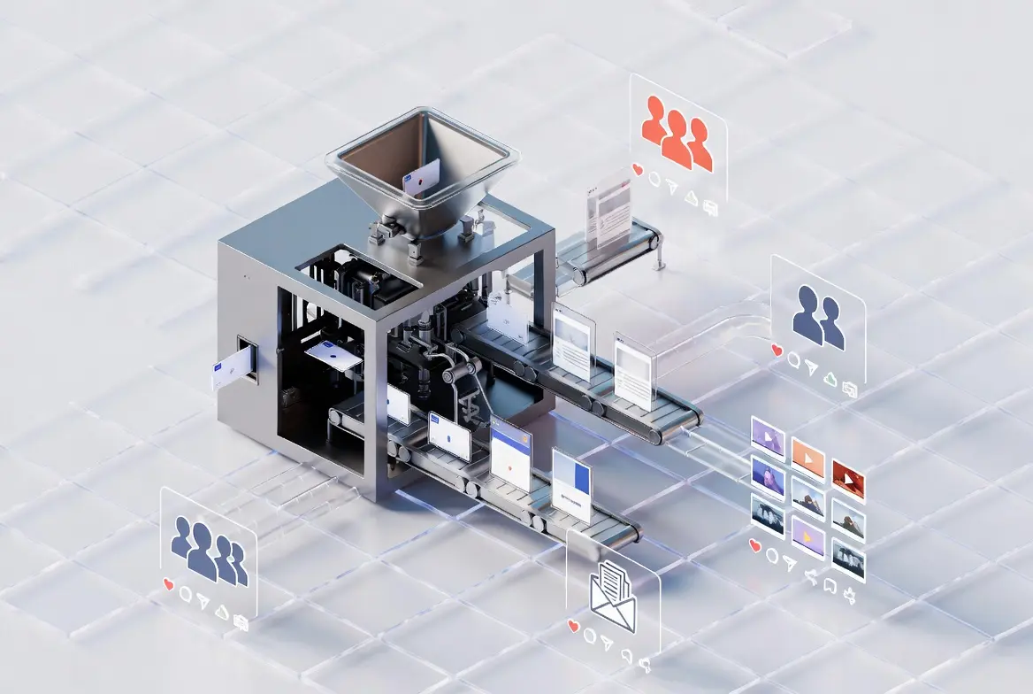 AI machine processing digital content for personalized marketing strategies.