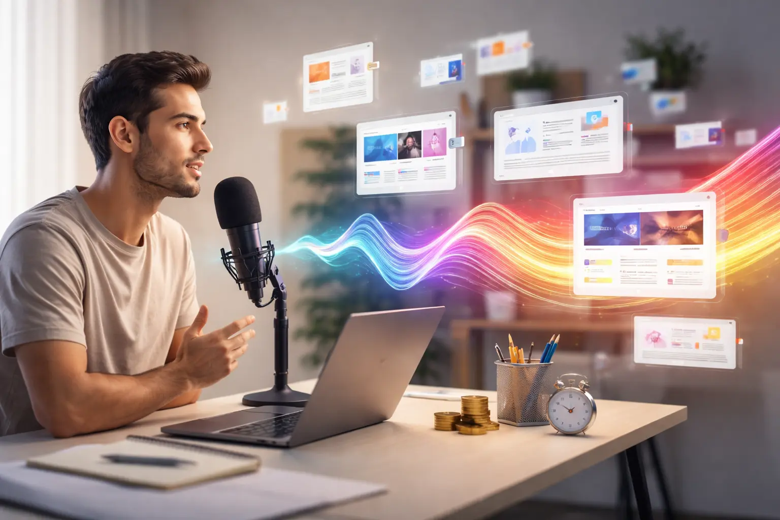 Person using a microphone with digital marketing interfaces illustrating AI powered marketing strategies