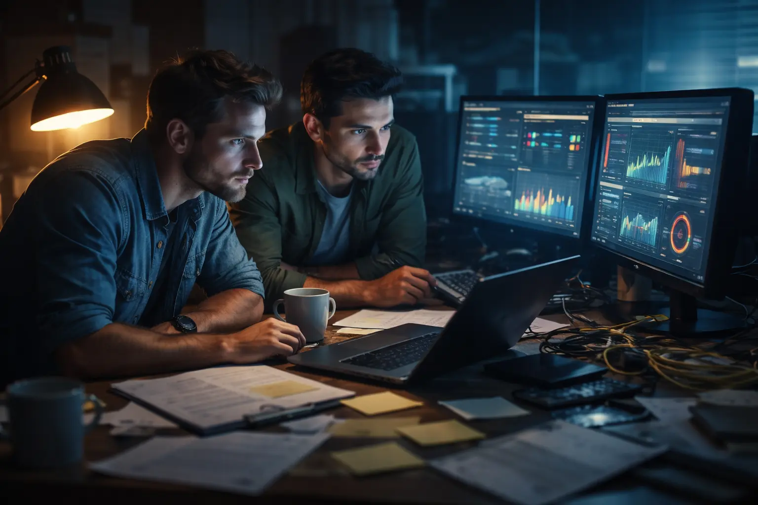 Two professionals analyzing SEO tool metrics on multiple screens at a desk.
