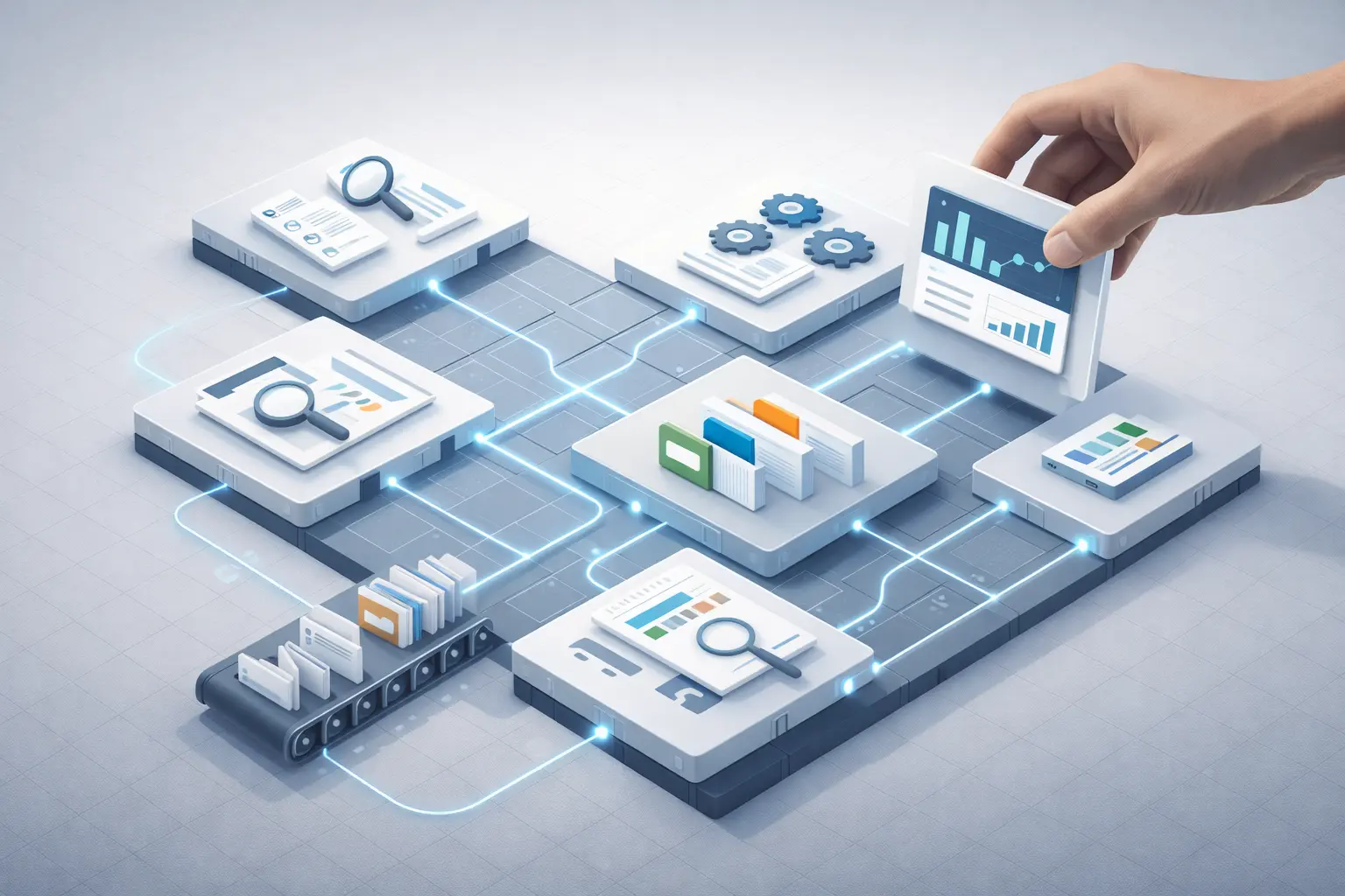 Illustration depicting automated processes and data analysis for SEO tools in an agency setting