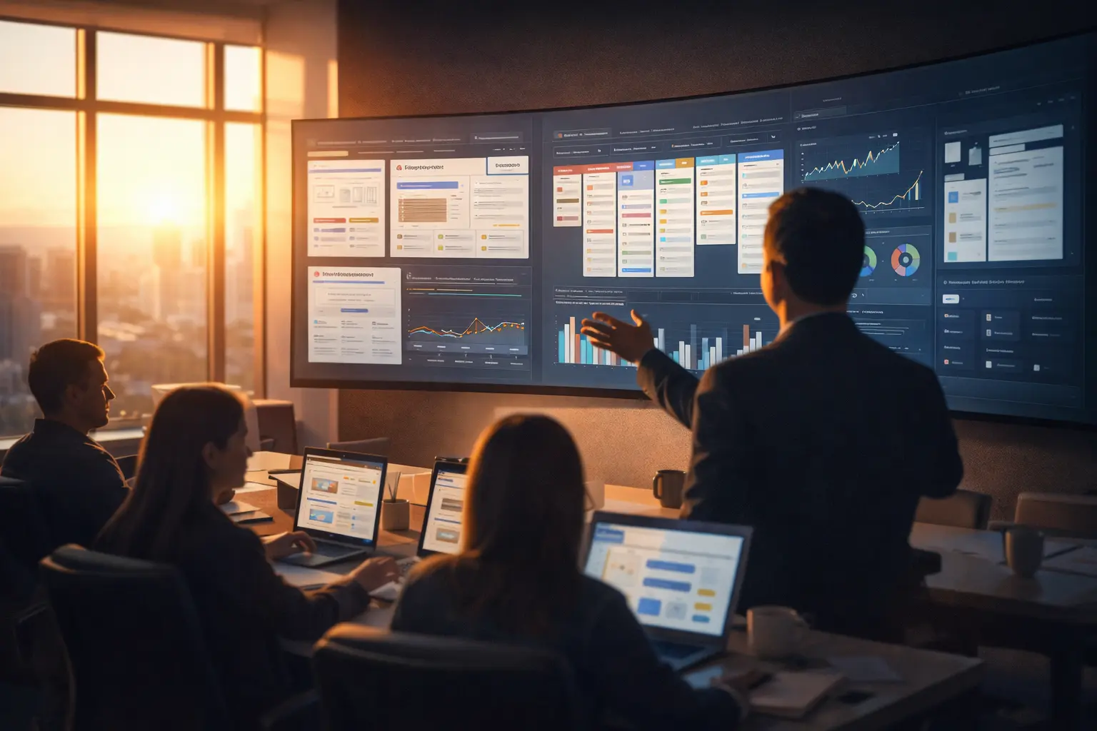 Team analyzing data on a large screen with SEO dashboard tools at a digital agency