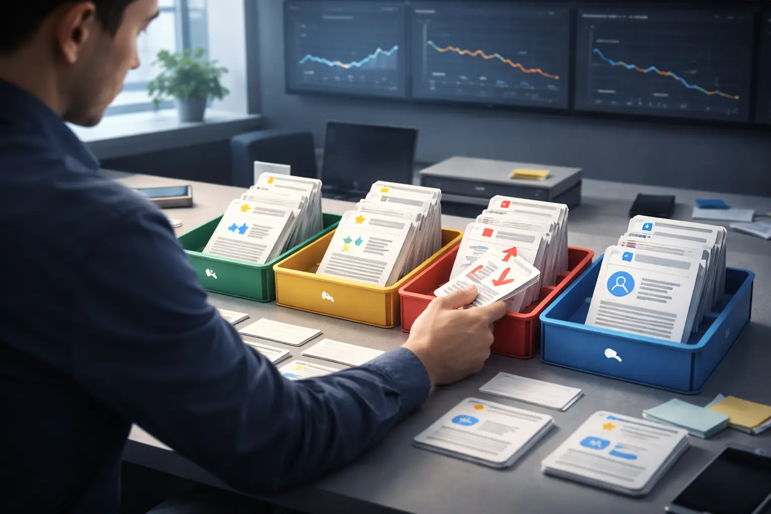 Person organizing documents in bins labeled by performance categories for product page optimization.